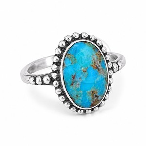 HMR GEMS JEWELS 925 Sterling Silver Natural <b>Turquoise</b> Beaded Border Handmade Oval <b>Turquoise</b> Cabochon Minimalist Christian <b>Ring</b> - Product Image 1