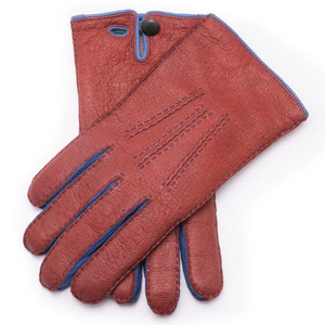 Gants en cuir véritable rouge faits à la main pour femmes, avec surpiqûres bleues contrastées, à doigts complets, doublure douce et chaude, fermeture à bouton-pression, pour l'hiver et les fêtes en extérieur - Product Image 1