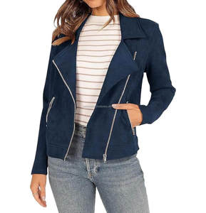Vestes pour femmes en daim de Style motard bleu avec fermeture à glissière asymétrique col à revers manches longues recadrée Moto Fit Look Vintage moderne - Product Image 5