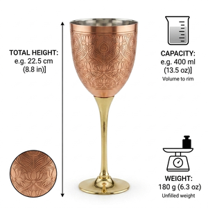 Gobelet à vin en cuivre gravé motif paon avec tige dorée – Verre à vin en métal orné pour mariage, dîner, bar et cadeaux - Product Image 6