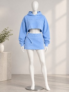 Women's <b>Purple</b> Cropped Hoodie and Skinny Mini Skirt Two-Piece Fleece Tracksuit Set Casual Washed - Product Image 4