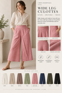 Pantalones Casuales de Mujer de Lino y Algodón Rosa, Cintura Media, Corte Holgado, Cintura Elástica, Bolsillos, Pierna Ancha, Tejido Liso, Largos, para Verano - Product Image 4