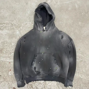 Men's Oversized Hooded <b>Sweatshirt</b> Cotton French Terry Washed Print Pocket Casual Autumn Style Front 3D <b>Embroidery</b> - Product Image 2