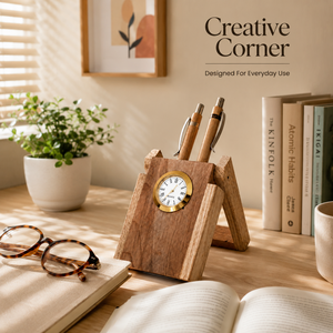 Luxury Wooden Pen Stand with Quartz Clock Handcrafted Desk Organizer for Office Home Decor Workspace Gift Collection - Product Image 5