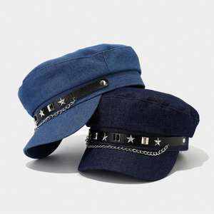 Gorra plana retro con remaches de cadena, azul marino, para mujer, estilo otoñal, que estiliza el rostro, gorra de visera plana. - Product Image 2