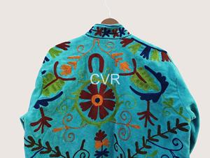 Manteau à col mandarin brodé à la main avec motifs floraux, manches longues, en coton, vêtement d'extérieur décontracté pour femmes adultes, style printemps - Product Image 4