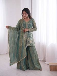 Conjunto Kurti Palazzo de Seda Fendi Pura Bordada con Dupatta de Encaje de Diseño – Traje Listo para Usar para Fiestas - Product Image 2