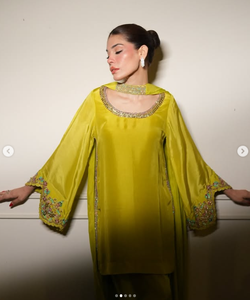 Women's Yellow Embroidered Silk <b>Kurta</b> Loose Fit Midi Traditional <b>Indian</b> Pakistani Party Wear - Product Image 1