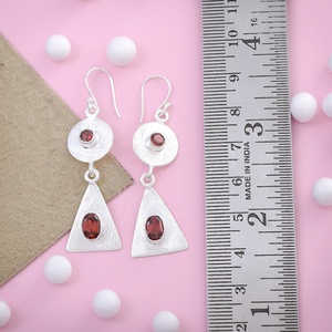 Natural <b>Garnet</b> Gemstone 925 Sterling Silver Dangle Drop <b>Earrings</b> Handmade Geometric Triangle Jewelry - Product Image 3