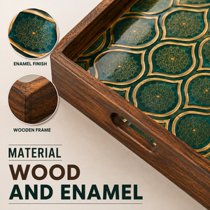 Plateau de service rectangulaire en bois et émail fait main de qualité supérieure, motif décoratif vert, plateau en bois pour le petit-déjeuner et le café - Product Image 3