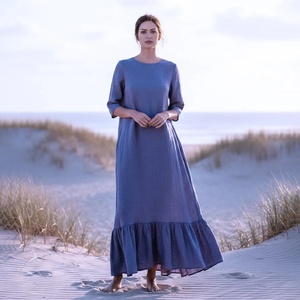 Robe longue en lin pour femme, manches 3/4, ourlet à volants, coupe ample, robe d'été grande taille, mode décontractée pour tous les jours - Product Image 2