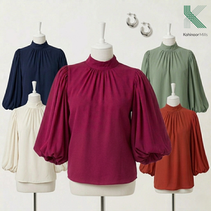 OEM Women Blouse 100% Lyocell Shirt 235 GSM Elegant Puff Sleeve <b>Mock</b> <b>Neck</b> Casual Lady <b>Top</b> - Product Image 4