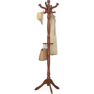 Appendiabiti da terra in legno massello con 11 ganci, per borse, borsette e cappelli, in legno di gomma, colore caramello, per ingresso - Product Image 1