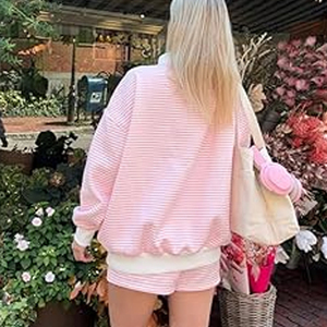 Customized Printed Logo Mid-Weight Casual Women's Tracksuit Shorts Set Striped Mock Neck Sweatshirt Stripes Two Piece Breathable - Product Image 5