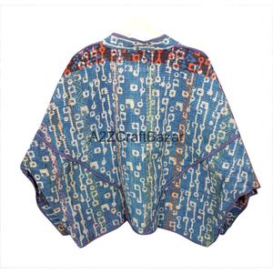 Vestes imprimées Kantha à col mandarin matelassées à la main, vêtements d'automne pour femmes indiennes, longueur normale, bleu avec bordure violette - Product Image 3