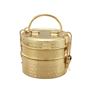 Yellow and red brass tiffin <b>box</b>, 3 tier floral vintage <b>lunch</b> <b>box</b>, traditional leaf motif food carrier, at wholesale prices. - Product Image 3
