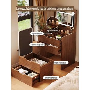 Walnut 3-in-1 Compact Makeup Vanity Desk 48cm Flip Top <b>Mirror</b> with Visible Glass Desktop <b>Small</b> Visible Makeup Vanity Set - Product Image 6