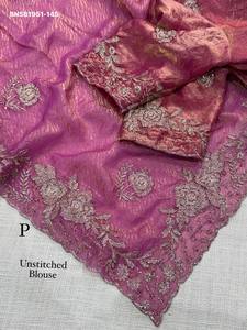 Best Quality Fancy Satin Jacquard with Sequin-<b>Beads</b>-Zari Self Weaving Work Saree-Matching work Blouse Collection Indian Exporter - Product Image 6