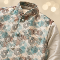 Conjunto 3 en 1 de Kurta Pajama de Satén Abstracto con Chaleco Estampado |   Traje Tradicional Étnico para Hombre, para Fiestas, Bodas, Diwali