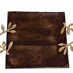 Luxury Dark Wood Serving Tray with Gold Leaf Handles - Solid <b>Walnut</b> Decorative Platter for <b>Coffee</b> <b>Table</b> Ottoman & Home Decor - Product Image 3