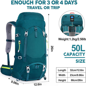 Mochila de Viaje con Marco Interno de Nailon Color Verde Azulado, 30-40L, Gran Capacidad, Ligera, Unisex, para Exteriores, Impermeable, Antirrobo, Ajustable - Product Image 2