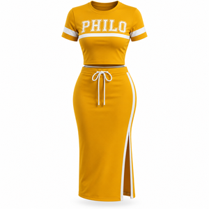 Ensemble deux pièces Philo pour femme, 100 % coton écologique, jaune moutarde, robe moulante mi-longue, manches courtes, col montant, cordon de serrage - Product Image 5
