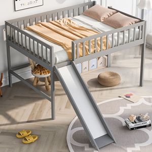 Letto a soppalco a basso profilo per bambini con scaletta e scivolo, colore grigio - Product Image 1
