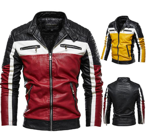 Blouson de moto en cuir PU rouge, noir et blanc pour homme, style motard, blocs de couleur, fermeture éclair, col montant, coupe ajustée - Product Image 2