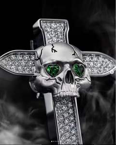 สร้อยคอจี้รูปหัวกะโหลกประดับเพชรแบบฮิปฮอป เงินแท้ 925 ประดับเพชรตาเขียวแบบไมโครเพฟ สไตล์โกธิค - Product Image 4