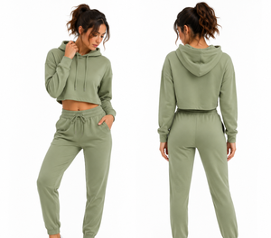 Ensemble sweat à capuche 2 pièces vert olive pour femme, manches longues, coupe ample, décontracté, en polaire unie polyester/coton, anti-rétrécissement, toutes saisons - Product Image 4