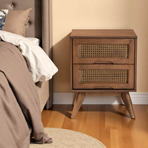 Table de chevet 2 tiroirs finition marron noyer Meubles de chambre à coucher en rotin synthétique tissé - Product Image 3