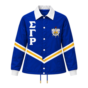 Blouson universitaire bleu roi pour femme, col blanc, lettres grecques, fermeture à boutons-pression, manches longues rayées or et blanc, vêtement d'extérieur universitaire - Product Image 1