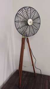 Industrial Iron Floor <b>Fan</b> with Wooden Tripod <b>Stand</b> Circular Grill Design Durable for Indoor/Outdoor Use - Product Image 2