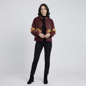Chaqueta Corta de Terciopelo Floral de Algodón Bordada a Mano para Mujer, Estilo Boho, Cuello Mandarín, Manga Larga, para Primavera, Otoño e Invierno - Product Image 1
