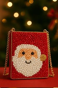 Noël Santa perlé bandoulière pochette soirée sac à main en cuir véritable doublure à la main rouge perle Design pour les cadeaux de fête de vacances - Product Image 2