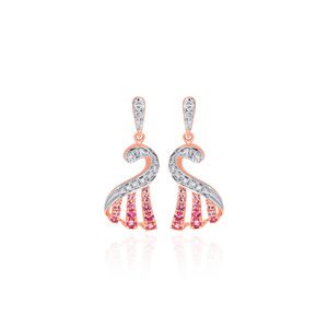 Premium Rose Gold Peacock Inspired <b>Dangle</b> <b>Earrings</b> with White and Pink Stone Studded Curved Design Luxury Jewelry for Women - Product Image 1