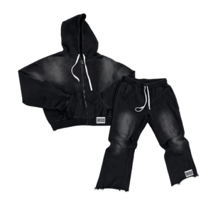 Custom Acid Wash <b>Cropped</b> <b>Zip</b> <b>Up</b> Hoodie Tracksuit for Men Vintage Washed Oversized Streetwear Sweatsuit Set - Product Image 1