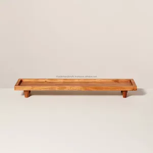 Bandeja de servicio de madera de mimbre rectangular versátil con diseño tallado, ideal para el hogar, sala de estar, bar o exhibición de vajilla - Product Image 3
