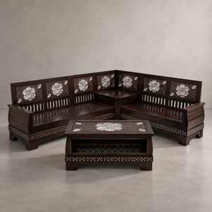 Juego de Sofás Esquineros en Forma de L de Madera Maciza Tallada Tradicional con Mesa de Centro y Patrón Floral para Sala de Estar - Product Image 4