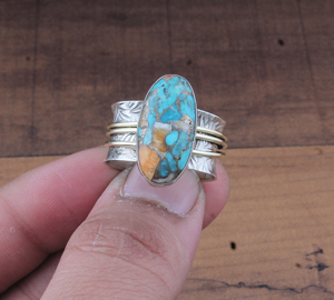 Anillo Ancho de Plata de Ley 925 con Turquesa Natural y Cobre, Joyería Clásica para Unisex, Venta al por Mayor - Product Image 3