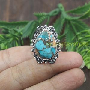 Blue Copper Oyster Turquoise <b>Ring</b> 925 Sterling <b>Silver</b> Handmade Vintage Floral <b>Statement</b> <b>Ring</b> Jewelry for Women Christmas Gift - Product Image 5
