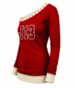 Custom Women's Red Asymmetric <b>Off</b>-<b>Shoulder</b> Fleece Knitted <b>Long</b> <b>Sleeve</b> Streetwear Winter Casual Streetwear <b>Top</b> Style Sweatshirt - Product Image 3