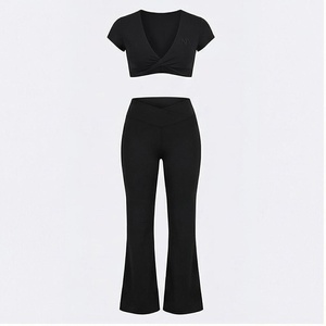2 Piece Yoga Set Black Deep V Neck Short Sleeve Crop Top High Waist <b>Flared</b> <b>Leggings</b> Seamless Breathable Women's Sportswear - Product Image 1