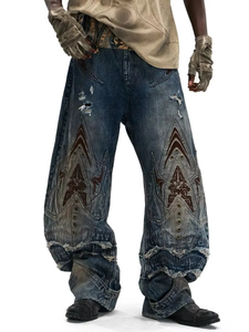 High Quality Custom Embroidery Grommets Ripped Distress Zippers Wide Leg Fit Streetwear Hiphop Cotton OEM ODM Men's Denim <b>Jeans</b> - Product Image 1