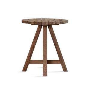 Table de bar ronde en teck massif artisanal avec plateau épais et base angulaire robuste pour café, bar et restaurant. - Product Image 2