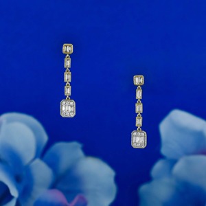 14k Solid <b>Gold</b> Natural Diamond Baguette Milgrain Bezel <b>Dangle</b> Hoop <b>Earings</b> Art Deco Inspired Vintage Style Elegant Fine Jewelry - Product Image 5