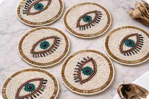 Handmade Beaded Floral Coasters (4 Inch) Eco-Friendly Polyester/Cotton Boho White TurquoiseGold Hotel & Home <b>Table</b> Decor - Product Image 3