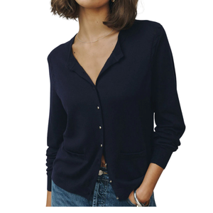 <b>Navy</b> Soft Touch 60% Cotton 40% Viscose V-Neck Long Sleeve Button Front <b>Cardigan</b> for Women with Pockets ODM Wholesale - Product Image 1