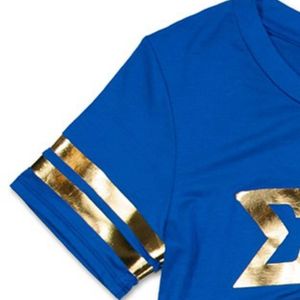 เสื้อยืด SGR สีน้ำเงินรอยัลบลู ฟอยล์ พิมพ์ลายตัวอักษรกรีกแบบเมทัลลิก เสื้อแขนสั้นผ้าฝ้าย เสื้อทีมชมรมพรีเมียม - Product Image 2