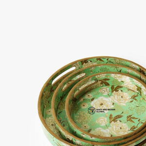 ชุดถาดเสิร์ฟตกแต่ง MDF 3 ชิ้น เคลือบเงาอย่างดี ลายพิมพ์ดอกไม้และนก ถาดไม้หรูหราสำหรับวางบนออตโตมัน - Product Image 3